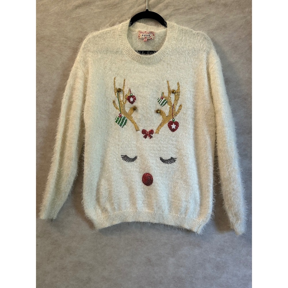Poof New York Reindeer Eyelash Knit Christmas Sweater Sequin Ornaments Cream L